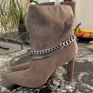 INC International Concepts Taupe Heeled Boots with Chain